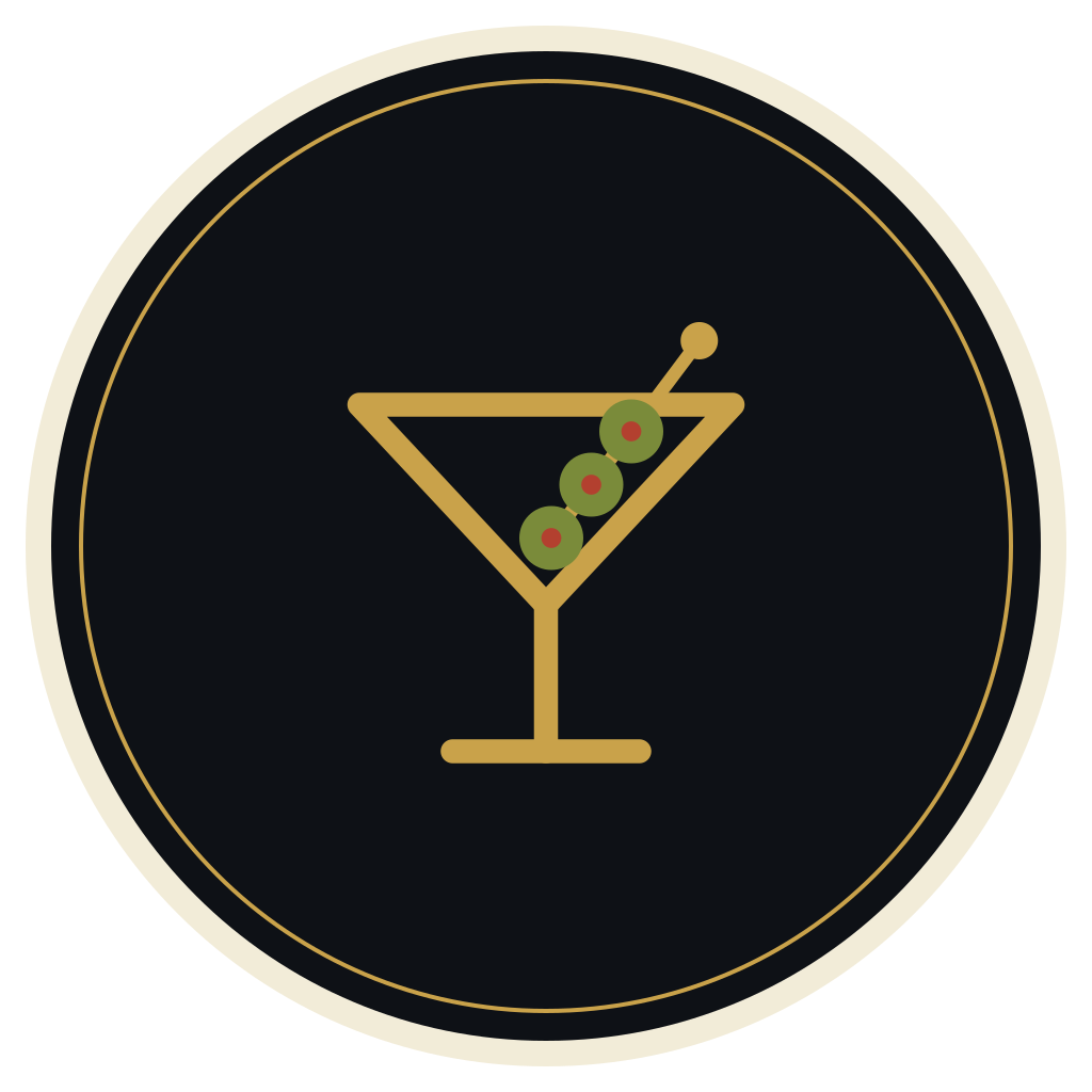 Round sticker: gold Martini glass with three olives, ivory border